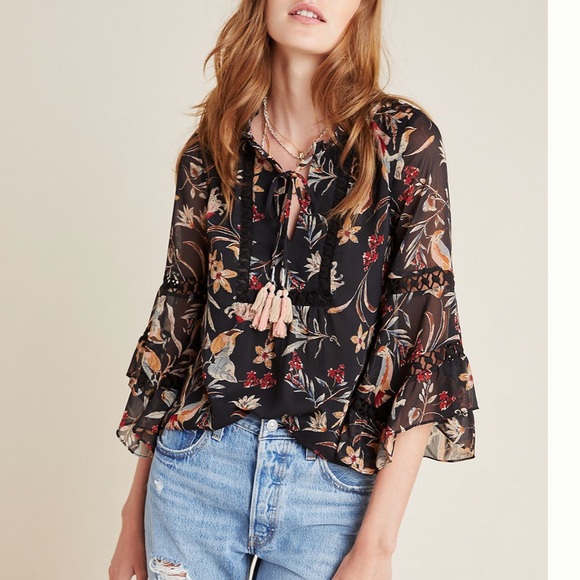 Anthropologie Tops - Anthro Maeve black floral bell sleeve boho top MP